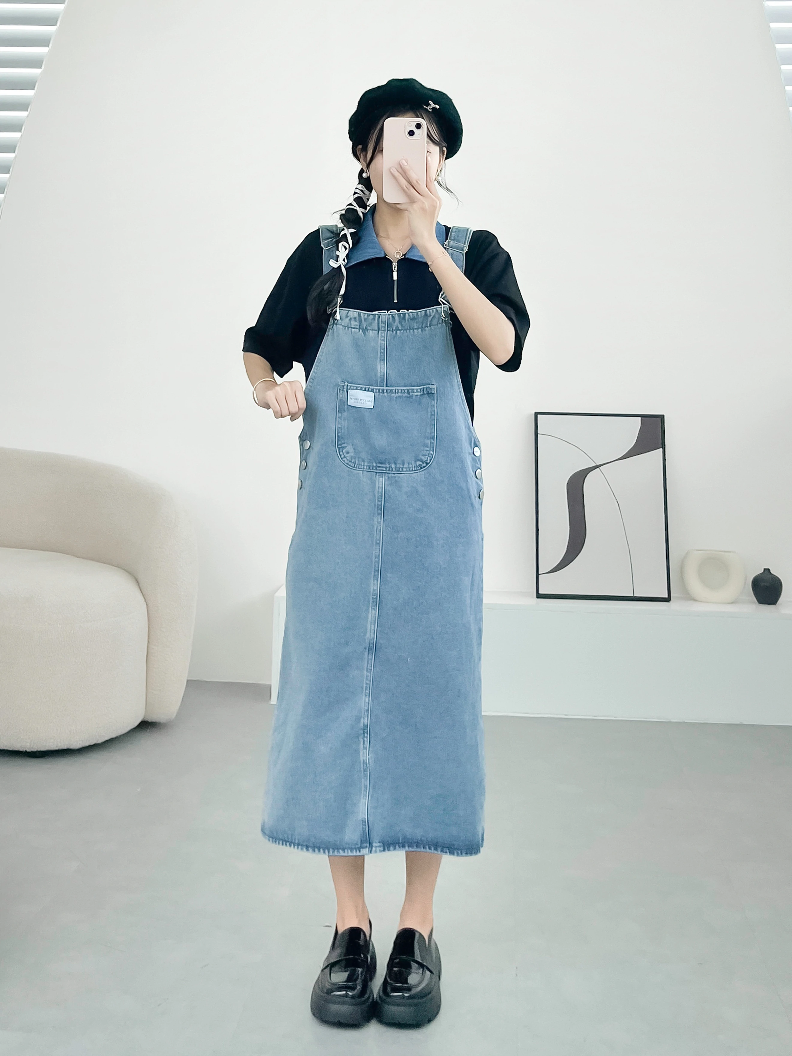 Váy yếm nữ jean denim viền chỉ lưng chun dáng xòe dài mix áo trắng Cheapy  set váy yếm bò 2 dây chỉ nổi dáng dài phong cách vintage Ulzzang C1388 |