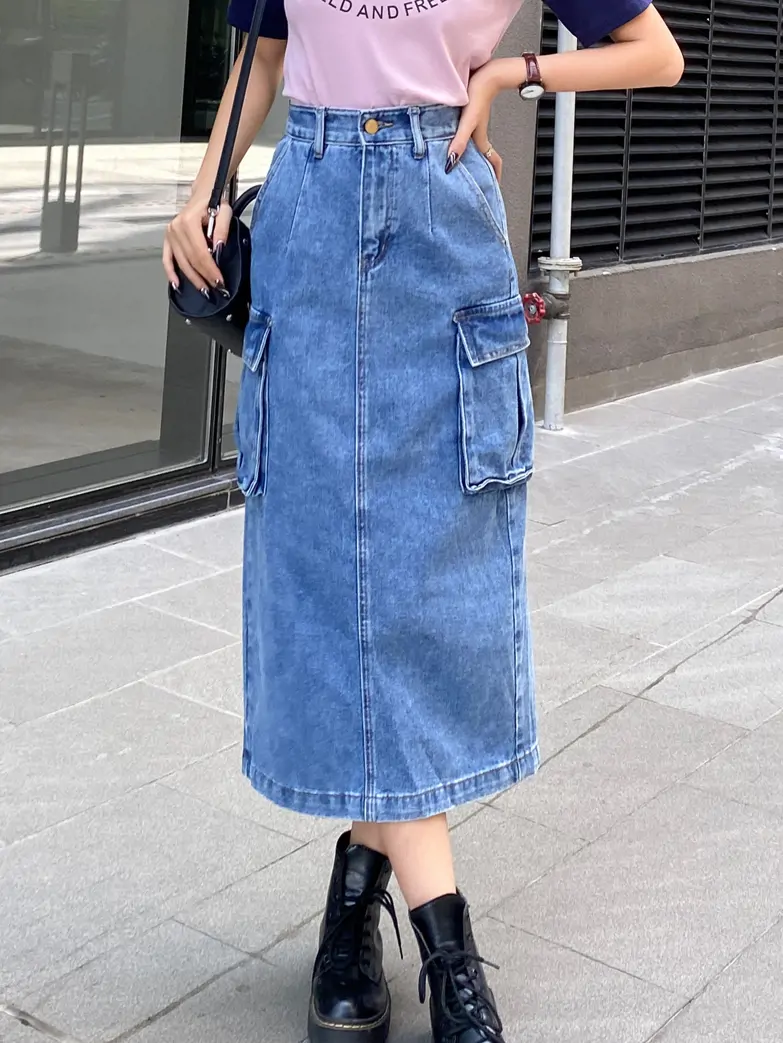 Chân váy bò dài xẻ trước lưng cao Y2K vintage cao cấp chất jean dày đẹp  dáng suông màu xanh retro WANAWEAR - Tìm Voucher